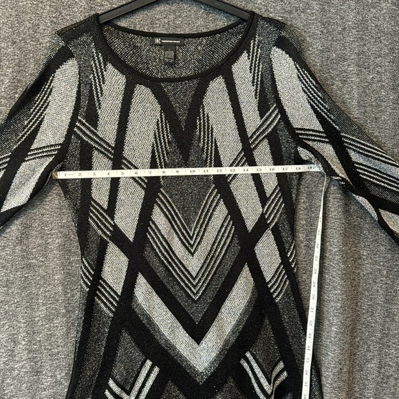 INC Black Silver Shark Bite Tunic Knit Sweater Geometric Print Holiday Large - Picture 4 of 12